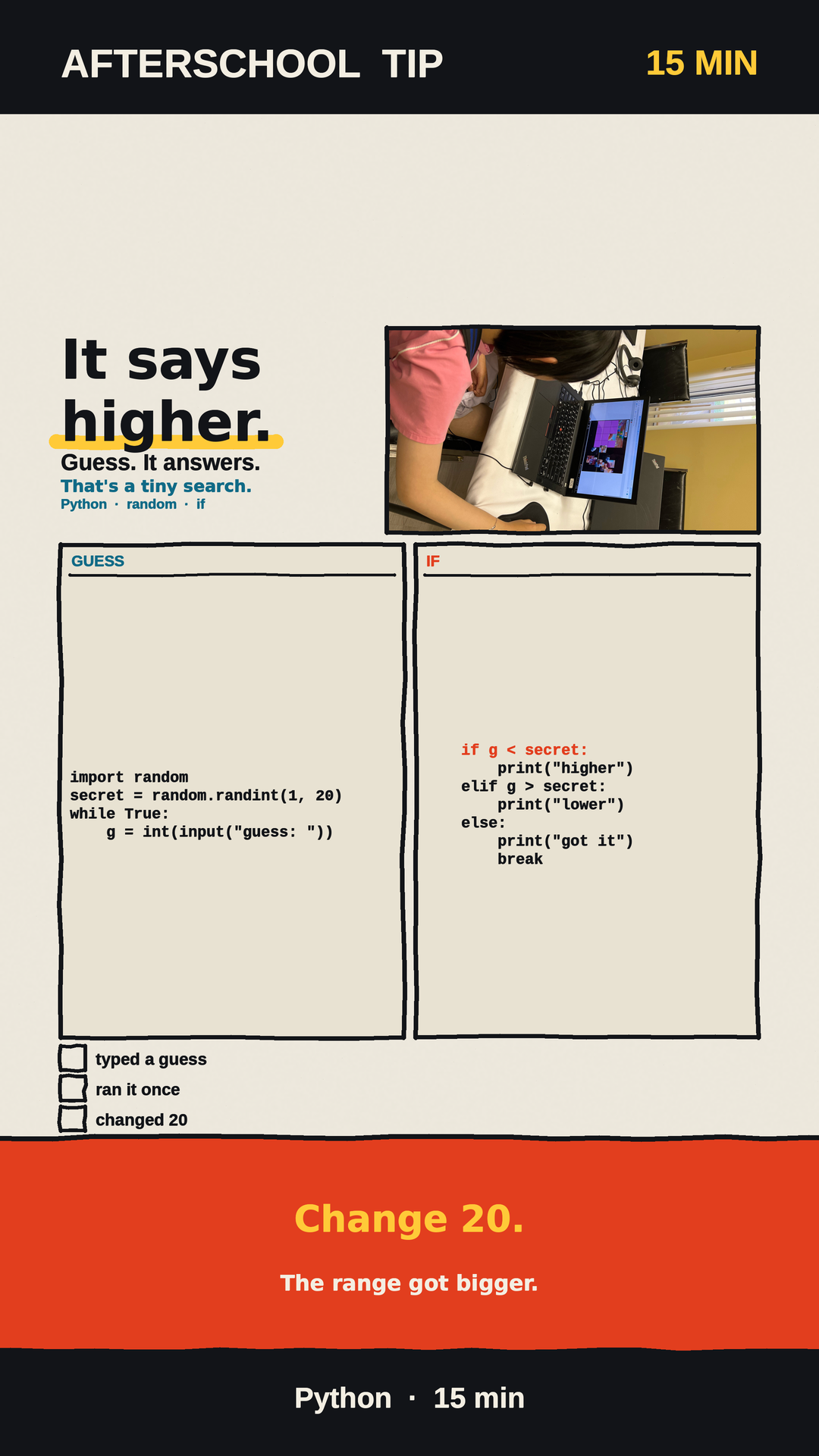 Python higher-lower cheat sheet: guess, it answers, three branches