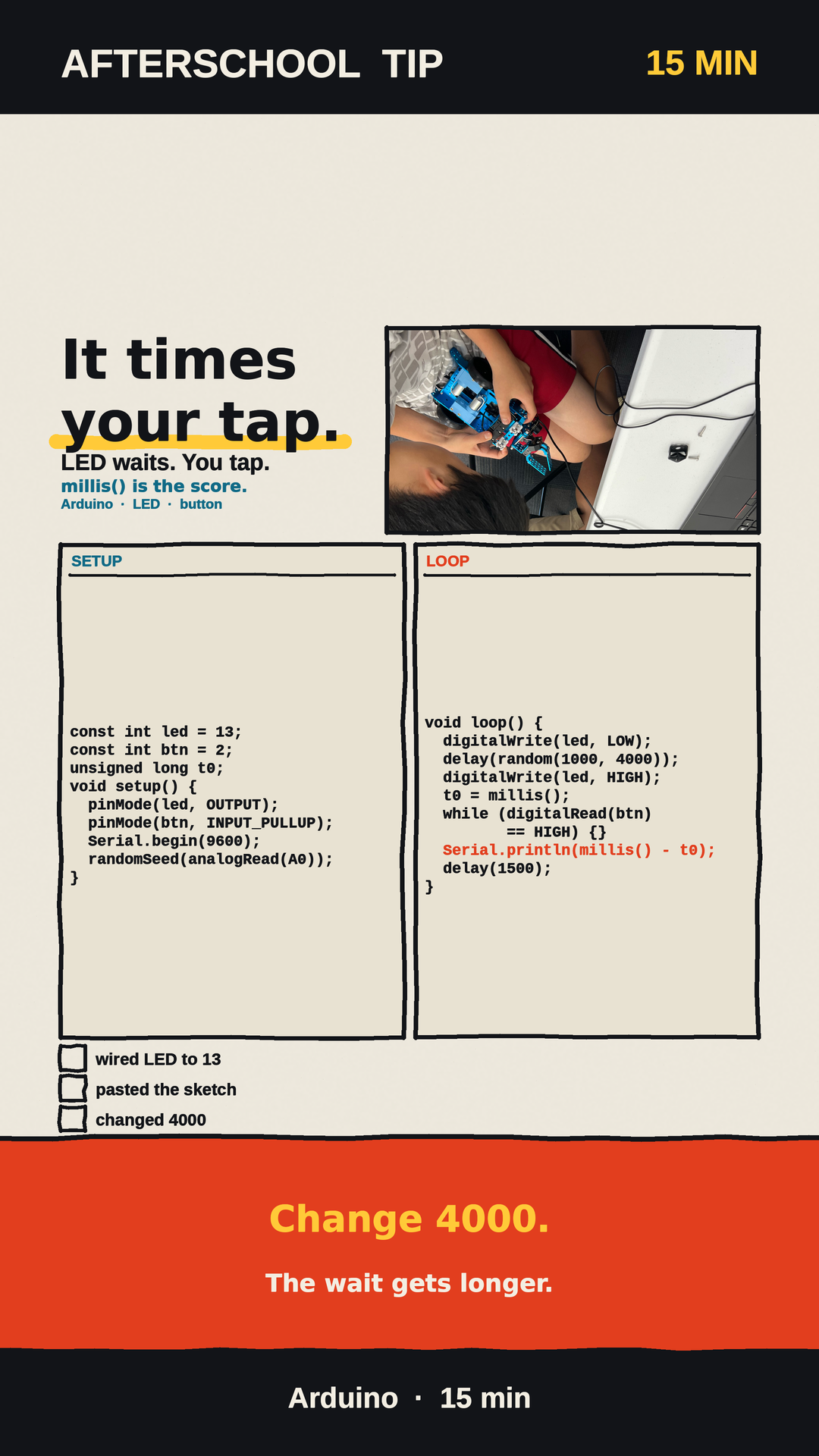 Arduino reaction-timer cheat sheet: LED waits, you tap, millis is the score